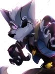  anthro belt_buckle canine clothing eye_patch eyewear fur grey_fur grin hair hi_res jewelry lens_flare looking_at_viewer male mammal necklace nintendo purple_eyes simple_background sledoodles smile solo star_fox video_games white_background white_hair wolf wolf_o&#039;donnell 