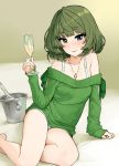  alcohol arm_support bare_legs bare_shoulders blue_eyes blush champagne_bottle champagne_flute commentary cup drinking_glass eyebrows_visible_through_hair feet_out_of_frame green_eyes green_hair heterochromia highres holding holding_cup ice_bucket idolmaster idolmaster_cinderella_girls jewelry looking_at_viewer mole mole_under_eye necklace off-shoulder_sweater omaru_gyuunyuu parted_lips short_hair short_shorts shorts sitting sleeves_past_wrists smile solo sweater takagaki_kaede 