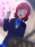  :d ^_^ bad_id bad_pixiv_id blazer blue_neckwear blurry blush bow bowtie closed_eyes depth_of_field dutch_angle hand_up highres icehotmilktea jacket long_sleeves love_live! love_live!_school_idol_project nishikino_maki open_mouth skirt smile solo striped striped_neckwear 