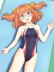  bell black_swimsuit brown_eyes competition_swimsuit glasses hair_bell hair_ornament isaki_(gomi) looking_at_viewer motoori_kosuzu one-piece_swimsuit open_mouth orange_hair short_hair smile solo swimsuit touhou two_side_up 