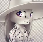  2017 anthro black_and_white bust_portrait checkered_background chest_tuft disney female fr95 hat judy_hopps lagomorph looking_at_viewer mammal monochrome pattern_background plaid plaid_shirt portrait purple_eyes rabbit simple_background smile solo straw_hat tuft zootopia 