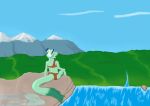  anthro biped blue_sky bottomwear brown_bottomwear brown_clothing brown_topwear cliff clothed clothing cloud detailed_background dragon female fully_clothed green_ears green_horn green_skin green_tail hair high_place horn long_tail midriff mikearctic mountain outside rear_view rileah rock scenic sitting sky snout solo topwear water waterfall watermark white_hair 