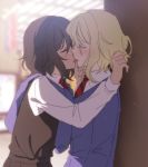  against_wall amazuki_jou andou_(girls_und_panzer) bangs bc_freedom_school_uniform black_hair black_skirt black_vest blonde_hair blue_neckwear blue_sweater blurry blurry_background blush cardigan closed_eyes commentary dark_skin depth_of_field diagonal_stripes dress_shirt eyebrows_visible_through_hair french_kiss from_side girls_und_panzer hand_on_another's_face kiss long_sleeves medium_hair multiple_girls necktie oshida_(girls_und_panzer) pleated_skirt red_neckwear saliva school_uniform shirt skirt standing striped striped_neckwear sweater tongue tongue_out upper_body vest white_shirt wing_collar yuri 