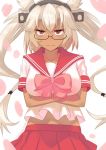  breasts collarbone crossed_arms embarrassed frown glasses hair_flaps headgear kantai_collection large_breasts long_hair looking_at_viewer midriff musashi_(kantai_collection) pink_skirt platinum_blonde_hair pleated_skirt red_eyes sailor_collar school_uniform serafuku short_sleeves simple_background skirt solo tan tonari_no_kai_keruberosu twintails upper_body very_long_hair white_background 