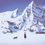  animal black_hair blue_sky coat ilya_kuvshinov mountain original outdoors scarf sky snow solo standing 