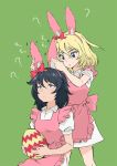  ? adjusting_another's_clothes andou_(girls_und_panzer) animal_ears apron bangs black_hair blonde_hair blue_eyes blue_hair bow brown_eyes bunny_ears closed_mouth collared_dress commentary dark_skin dress dressing_another egg fake_animal_ears frown girls_und_panzer green_background hair_bow holding ken-sya maid_apron medium_hair multiple_girls oshida_(girls_und_panzer) parted_lips pink_apron protected_link puffy_short_sleeves puffy_sleeves red_bow short_sleeves simple_background standing sweatdrop white_dress 