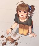  ahoge blue_scrunchie blush bracelet breasts brown_hair cleavage collarbone crying crying_with_eyes_open d: drill_hair eyebrows_visible_through_hair food full_body hair_ornament hair_scrunchie idolmaster idolmaster_million_live! jewelry kamille_(vcx68) kneeling looking_at_viewer medium_breasts necklace open_mouth print_scrunchie purple_eyes scrunchie short_hair side_drill solo spill star star_necklace star_print tears wavy_mouth wrist_scrunchie yokoyama_nao 