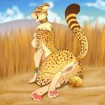  2018 anthro anus breasts butt cheetah digital_media_(artwork) egg feline female hi_res lonbluewolf looking_back mammal nipples oviposition pawpads paws pussy pussy_juice savanna solo thick_thighs 