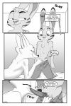  2018 akiric anthro arctic_fox assisted_exposure bed canine clothed clothing comic dialogue disney duo ear_markings english_text erection facial_markings female fox fur_markings greyscale jack_savage kneeling lagomorph male male/female mammal markings monochrome nude penis rabbit scar skye_(zootopia) smile sound_effects speech_bubble tapering_penis text topless undressing zootopia 