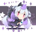  :3 animal_ears bangs black_cape black_legwear black_skirt black_wings blush breasts cape chibi closed_mouth commentary_request eyebrows_visible_through_hair feathered_wings hair_between_eyes hair_rings large_breasts long_hair looking_at_viewer looking_back matoi_(pso2) milkpanda phantasy_star phantasy_star_online_2 red_eyes silver_hair skirt solo sparkle standing star thighhighs twintails very_long_hair wings 