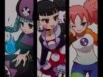  bangs black_hair blush braid breasts brown_eyes capcom chirol_(rockman_exe) commentary_request dress earrings eyeshadow green_hair hat heart iroaya_madoi jacket jewelry kuroi_miyuki makeup medium_breasts mikan_(aquacomet) multiple_girls pink_hair red_eyes rockman rockman_exe rockman_exe_6 shirt smile t-shirt tongue tongue_out 