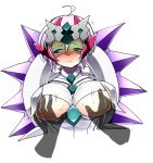  ahoge blush breast_grab breasts disembodied_limb frown grabbing groping headgear kouji_(kari) large_breasts looking_away nefushutan_no_yoroi pov pov_hands purple_hair senki_zesshou_symphogear simple_background sweat underboob visor white_background yukine_chris 