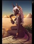  2018 5_fingers anthro braided_hair breasts brown_fur canine clothed clothing day detailed_background digital_media_(artwork) eyebrows female fur hair jackal lolzguy mammal outside sitting skimpy sky solo white_hair 