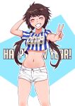  1girl 2019 arm_behind_head arm_up bangs blush brown_hair crop_top english_text eyes_closed grin hairband highres legs long_hair midriff navel new_year original outstretched_arm print_shirt shirt short_shorts short_sleeves shorts simple_background smile striped striped_shirt sytokun teamsummoner twintails v watch white_shorts 