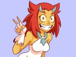  2015 4:3 blue_background clothed clothing dofus female gloves hair hi_res horn humanoid looking_at_viewer not_furry osamodas plagueofgripes purple_eyes red_hair sharp_teeth simple_background smile solo teeth v_sign wide_eyed yellow_skin 