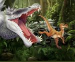  crimsonrex dinosaur feral jurassic_park jurassic_world open_mouth raptor running scales spinosaurus split_jaw theropod 