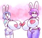  angstrom big_breasts breasts clothed clothing duo female huge_breasts lagomorph mammal pants pasties presenting presenting_breasts rabbit shorts topless 