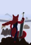  2018 anthro canine cloud daminic_f daminic_foxas digital_media_(artwork) dragon_slayer female fog fox fur hair invalid_color invalid_tag long_sword long_tail looking_at_infinite mammal melee_weapon oil painting red_fox solo sword weapon yin yin_yang 