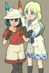  524_(kemono_ethread) black_hair blue_eyes blue_hair camouflage_trim cargo_shorts commentary_request elbow_gloves eyebrows_visible_through_hair eyebrows_visible_through_hat feathers glasses gloves gradient_hair green_hair hair_tie hand_on_another's_head hat headwear_removed helmet highres kaban_(kemono_friends) kemono_friends khakis kneehighs light_green_hair long_hair mirai_(kemono_friends) multicolored_hair multiple_girls one_eye_closed pantyhose pith_helmet shirt short_hair shorts t-shirt v-shaped_eyebrows 