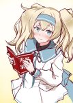  alternate_costume blonde_hair blue_eyes blue_hairband blush book commentary_request cowboy_shot gambier_bay_(kantai_collection) hair_between_eyes hairband kantai_collection kirigakure_(kirigakure_tantei_jimusho) long_hair looking_at_viewer solo twintails 