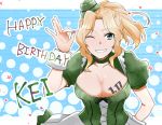  alternate_costume blonde_hair blue_background blue_eyes breasts character_name cleavage cleavage_cutout dated dress english eyebrows_visible_through_hair garrison_cap girls_und_panzer green_dress green_hat grin hair_intakes hair_up happy_birthday hat kay_(girls_und_panzer) large_breasts long_hair looking_at_viewer medium_dress ok_sign one_eye_closed puffy_short_sleeves puffy_sleeves short_ponytail short_sleeves smile solo standing star upper_body wrist_cuffs yuuhi_(arcadia) 