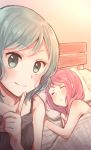  aqua_eyes aqua_hair bang_dream! bangs bed black_camisole camisole closed_eyes finger_to_cheek hikawa_hina index_finger_raised looking_at_viewer maruyama_aya multiple_girls nude pillow pink_hair sleeping under_covers yae_(eky_567) 