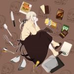  :t amase_(yagami666) apron aran_sweater artoria_pendragon_(all) black_apron black_ribbon blonde_hair bowl chocolate english fate/grand_order fate_(series) food from_side full_body hair_ribbon hamburger housewife knife long_hair long_sleeves mixing_bowl pale_skin ponytail pout ribbon saber_alter slippers socks solo spoon sweater thinking turtleneck turtleneck_sweater whisk yellow_eyes 