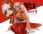  1girl 2019 bird closed_mouth dark_skin feh_(fire_emblem_heroes) fire_emblem fire_emblem_heroes flower hair_ornament japanese_clothes kimono laevateinn_(fire_emblem_heroes) long_hair nintendo owl pink_hair red_eyes short_sleeves socks tnmrdgr twintails white_legwear 