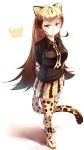  absurdres animal_ears arms_behind_back bangs blonde_hair blush boots breasts brown_hair cheetah_ears cheetah_girl cheetah_tail closed_mouth dot_nose full_body gloves hair_between_eyes highres japari_symbol kanzakietc kemono_friends king_cheetah_(kemono_friends) large_breasts light_smile long_hair looking_at_viewer miniskirt multicolored_hair necktie parted_bangs pleated_skirt print_footwear print_gloves print_legwear print_neckwear print_skirt simple_background skirt solo standing tail thighhighs two-tone_hair white_background yellow_eyes 