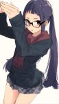  arms_up bad_id bad_twitter_id bangs beige_background black-framed_eyewear black_jacket blush brown_eyes brown_scarf fingernails fringe_trim furukawa_wanosuke glasses grey_skirt jacket long_hair long_sleeves looking_at_viewer oogaki_chiaki own_hands_together parted_lips purple_hair scarf sidelocks simple_background skirt solo twintails very_long_hair yurucamp 