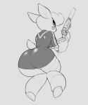  big_butt bodysuit breasts butt butt_pose cervine clothing conditional_dnp deer facial_tattoo female gun huge_butt looking_back mammal monochrome ranged_weapon shorts skinsuit solo thick_thighs tight_clothing weapon wide_hips xopachi 