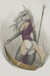  2018 anthro breasts butt canine clothed clothing female mammal melee_weapon partially_clothed polearm pussy scythe solo weapon wild-fang 