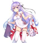  absurdres ahoge ass_visible_through_thighs azur_lane black_ribbon blue_hair blush breasts bun_cover china_dress chinese_clothes cleavage_cutout closed_mouth commentary_request covered_navel dress dress_lift eyebrows_visible_through_hair gradient_hair hair_bun highres long_hair looking_at_viewer medium_breasts multicolored_hair pelvic_curtain purple_eyes purple_hair rangen ribbon short_sleeves side_bun side_slit simple_background solo thighhighs unicorn_(azur_lane) very_long_hair white_background white_dress white_legwear 