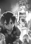  1girl abec asuna_(sao) blush bra bra_removed breasts collarbone embarrassed eyebrows_visible_through_hair frilled_bra frills greyscale hair_between_eyes highres kirito long_hair looking_down monochrome novel_illustration official_art open_mouth short_shorts shorts sleeveless small_breasts standing sweat sweatdrop sword_art_online underwear very_long_hair 