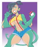  breasts clothed clothing dsan female fish_humanoid humanoid looking_at_viewer makeup misty_(pok&eacute;mon) nintendo pok&eacute;ball pok&eacute;mon smile solo standing thick_thighs under_boob v_sign video_games wide_hips 