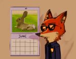  2016 anthro badge black_nose calendar canine clothed clothing disney eyewear feral fox fur hi_res inner_ear_fluff june_(month) lagomorph male mammal nick_wilde nicolaswildes_(artist) orange_fur police_uniform rabbit sunglasses sweat uniform zootopia 