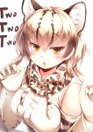  absurdres bare_shoulders blonde_hair blush brown_hair claw_pose elbow_gloves extra_ears eyebrows_visible_through_hair fang gloves hair_between_eyes highres kanzakietc kemono_friends looking_at_viewer multicolored_hair ocelot_(kemono_friends) ocelot_ears ocelot_print open_mouth orange_eyes print_gloves shirt short_hair_with_long_locks sleeveless sleeveless_shirt solo white_shirt 