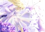  absurdres bad_id bad_pixiv_id bird blonde_hair blue_eyes collarbone dress eyes_visible_through_hair floating_hair flower gauntlets hair_between_eyes hair_over_one_eye heterochromia higandgk highres long_dress long_hair petals purple_flower solo very_long_hair violet_evergarden violet_evergarden_(character) white_dress white_feathers yellow_eyes 