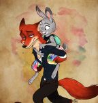  2016 3_toes 4_fingers abstract_background absurd_res anthro backpack belt black_nose bonkalore_(artist) canine carrying clothed clothing dipstick_ears dipstick_tail disney duo female fox fur green_eyes grey_fur half-closed_eyes hi_res judy_hopps lagomorph looking_at_another looking_back male mammal multicolored_tail nick_wilde on_top open_mouth open_smile orange_fur pants piggyback pink_nose rabbit raised_inner_eyebrows shirt side_view signature simple_background small_tail smile textured_background toes zootopia 