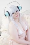  1girl asian bikini blue_eyes breasts cleavage cosplay curvy fat glasses headphones keito_(cosplayer) long_hair photo plump silver_hair solo super_taruco super_taruco_(cosplay) 