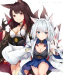  &gt;:) akagi_(azur_lane) animal_ears azur_lane bangs black_cola black_gloves black_kimono blue_eyes blue_skirt blush breasts brown_hair cleavage closed_mouth collarbone commentary_request copyright_name eyebrows_visible_through_hair fox_ears fox_mask fox_tail gloves highres holding holding_mask japanese_clothes kaga_(azur_lane) kimono kitsune long_hair long_sleeves looking_at_viewer mask medium_breasts multiple_girls multiple_tails parted_lips pleated_skirt red_eyes red_skirt short_kimono silver_hair simple_background skirt smile tail v-shaped_eyebrows very_long_hair white_background wide_sleeves 