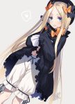  abigail_williams_(fate/grand_order) bangs black_bow black_dress black_hat black_ribbon blonde_hair bloomers blue_eyes blush bow closed_mouth dated dress dress_lift dutch_angle fate/grand_order fate_(series) fedora feet_out_of_frame forehead grey_background hair_bow hat heart lifted_by_self long_hair long_sleeves looking_at_viewer motomiya_mitsuki navel orange_bow parted_bangs polka_dot polka_dot_bow puffy_long_sleeves puffy_sleeves ribbon shiny shiny_hair sidelocks signature simple_background sleeves_past_fingers sleeves_past_wrists smile solo speech_bubble spoken_heart standing straight_hair underwear very_long_hair white_bloomers 