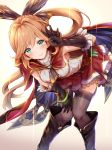  aqua_eyes armpits black_gloves black_legwear black_ribbon brown_hair cape clarisse_(granblue_fantasy) commentary_request gloves granblue_fantasy green_eyes hair_ribbon highres long_hair orange_hair ponytail ribbon sleeveless solo test_tube thighhighs toki_(toki_ship8) v 