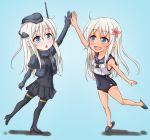  :o ;d anti_(untea9) black_footwear black_skirt blonde_hair blue_background blue_eyes chibi commentary_request cropped_jacket dual_persona eyebrows_visible_through_hair flower garrison_cap hair_flower hair_ornament hat high_five high_heels highres kantai_collection long_hair military military_uniform one_eye_closed open_mouth pantyhose pleated_skirt ro-500_(kantai_collection) school_swimsuit school_uniform serafuku simple_background skirt slippers smile swimsuit tan thighhighs u-511_(kantai_collection) uniform 