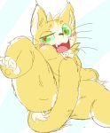  &lt;3 &lt;3_eyes 2015 blush cat covering digital_media_(artwork) feline fur green_eyes looking_at_viewer lying mammal open_mouth paws raised_leg raised_tail simple_background slightly_chubby solo suggestive teeth tiredanon tongue tuft white_background yellow_fur 