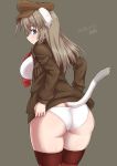  animal_ears ass bad_id bad_pixiv_id blue_eyes breasts cat_ears cat_tail dakku_(ogitsune) eyebrows_visible_through_hair garrison_cap hat highres jacket large_breasts light_brown_hair long_hair looking_at_viewer looking_back military military_uniform panties red_legwear scarf smile solo striped striped_legwear tail tail_raised thighhighs underwear uniform white_panties wilma_bishop world_witches_series 