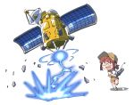  absurdres baseball_cap brown_hair chibi commentary controller fio_germi glasses hat highres knee_pads metal_slug midriff military ponytail remote_control satellite shinapuu shorts solo vest |_| 