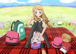 1girl artist_request backpack bag basket black_gloves black_shirt blonde_hair blue_eyes blue_sky blush breasts cloud day disembodied_limb female fingerless_gloves flower flower_field full_body gen_6_pokemon gloves goomy grass hand_up happy hat hat_removed highres knees_together_feet_apart long_hair looking_down mountain outdoors picnic pink_hat pokemon pokemon_(creature) pokemon_xy red_hat red_skirt serena_(pokemon) shirt sitting skirt sky sleeveless sleeveless_shirt small_breasts smile solo_focus tied_hair 