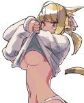  animal_ears blonde_hair breasts cat_ears cat_tail closed_mouth clothes_lift facial_mark final_fantasy final_fantasy_xiv hair_ornament hiyo_moo lifted_by_self looking_at_viewer medium_breasts miqo'te panties red_eyes short_hair slit_pupils solo sweater sweater_lift tail tail_raised underboob underwear white_background 