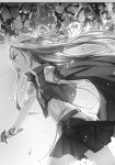  abec asuna_(sao) cape cowboy_shot floating_hair from_side greyscale hair_between_eyes highres holding holding_cape holding_sword holding_weapon long_hair miniskirt monochrome novel_illustration official_art open_mouth pleated_skirt skirt standing sword sword_art_online very_long_hair weapon 